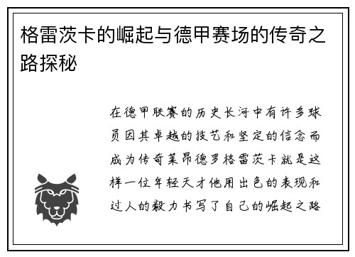 格雷茨卡的崛起与德甲赛场的传奇之路探秘